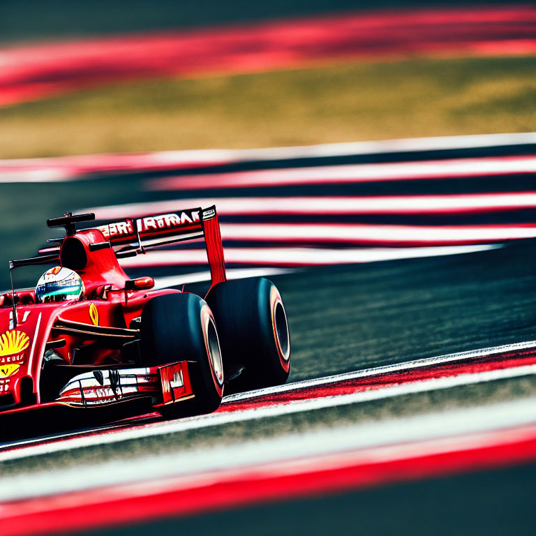 Red Formula 1 car racing on red and white curbs track