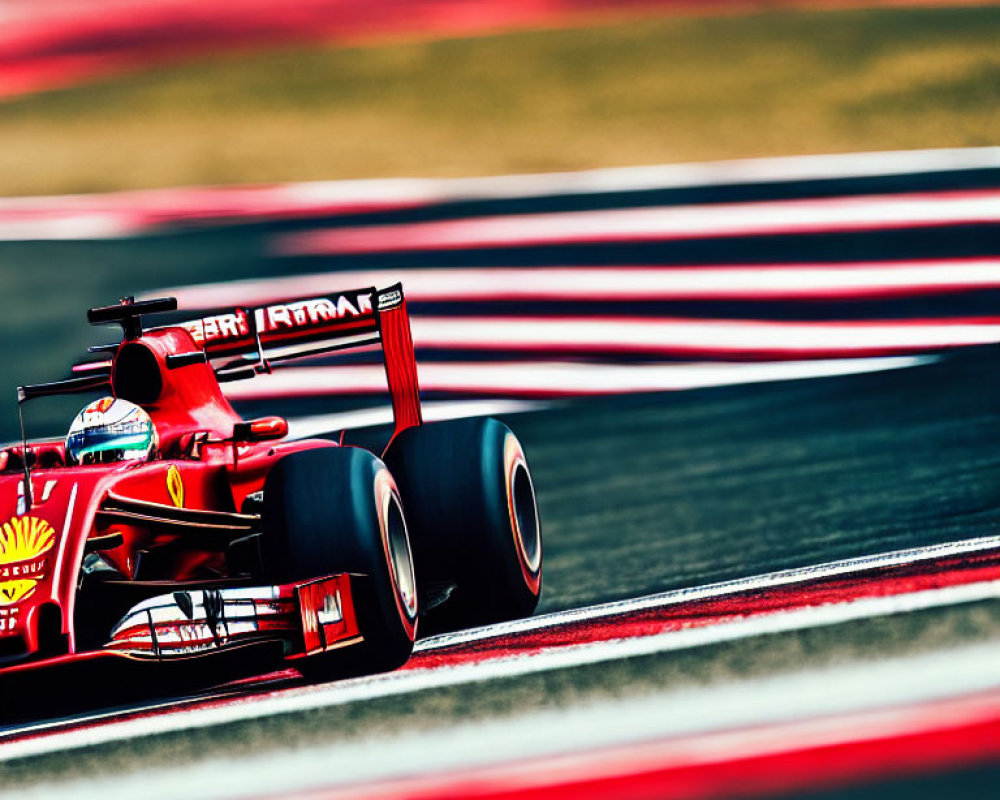 Red Formula 1 car racing on red and white curbs track