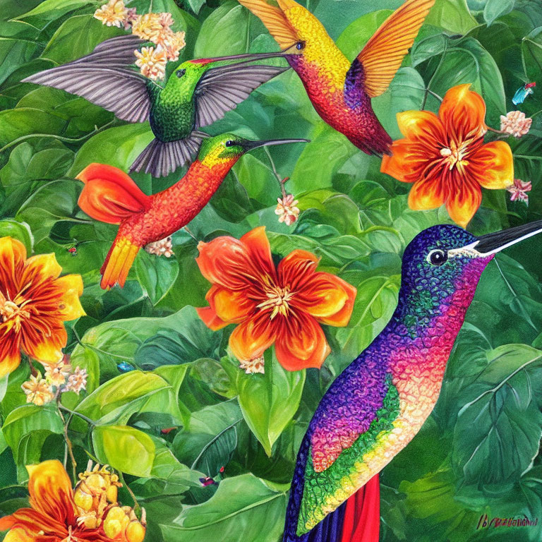 Colorful painting of four hummingbirds among orange flowers and green leaves