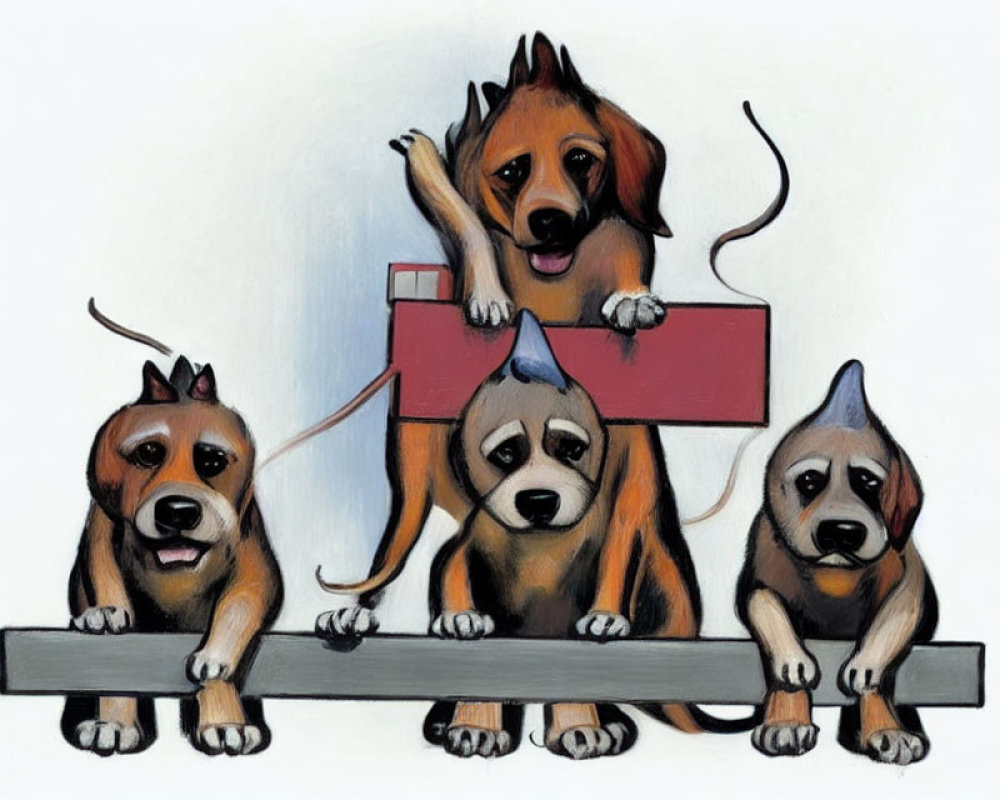 Four cartoon dogs with signs, one holding a red box and antenna