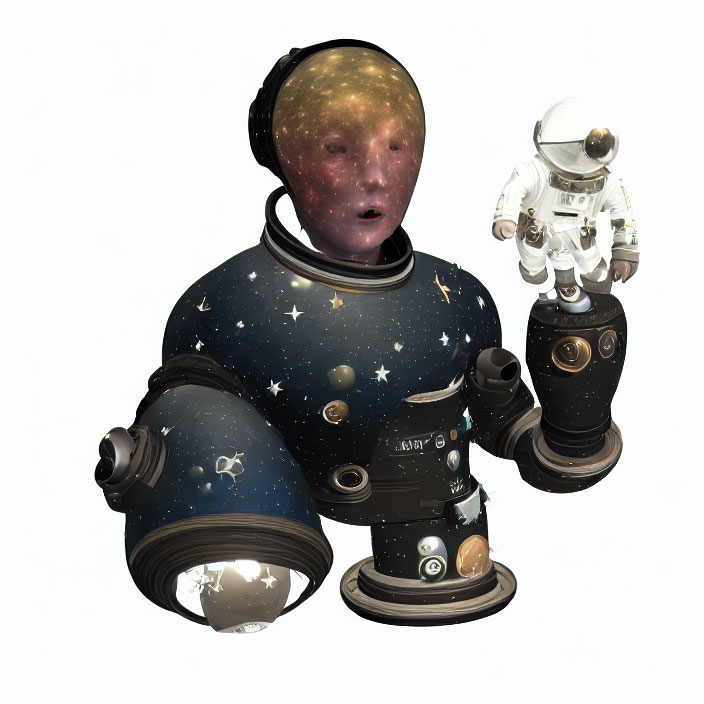 Cosmic-themed astronaut with starry suit and planet head, mini astronaut on shoulder