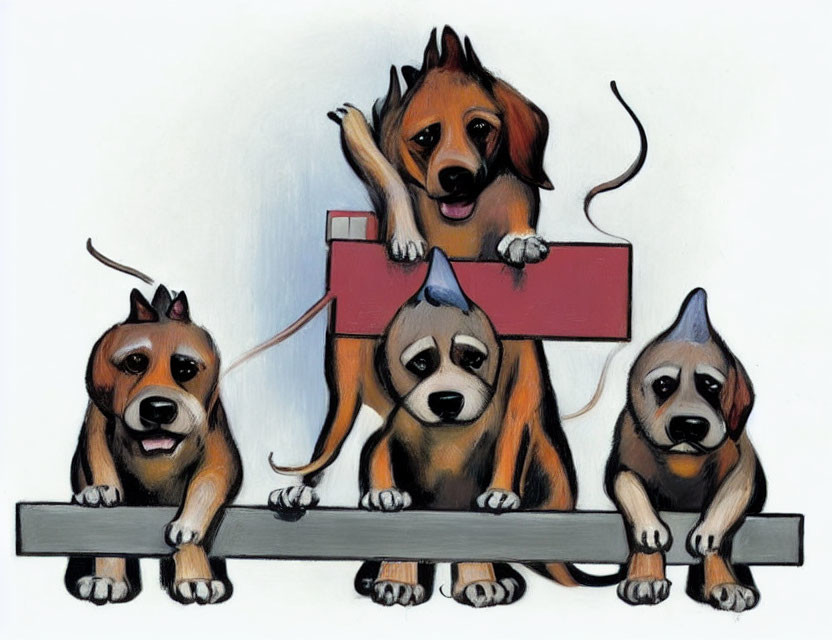 Four cartoon dogs with signs, one holding a red box and antenna