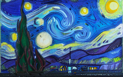 Vibrant painting of starry night with cypress tree and village