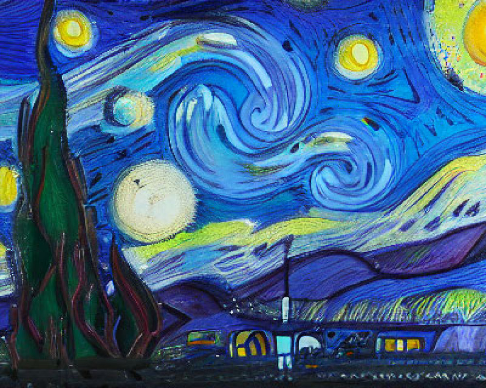 Vibrant painting of starry night with cypress tree and village