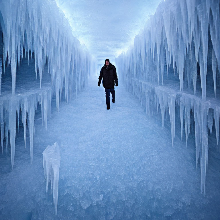 Person walking in stunning blue ice cave with sharp icicles