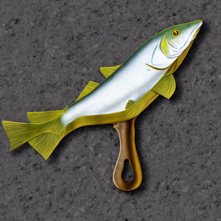 Fish-themed gun illustration with wooden handle and fins as grip