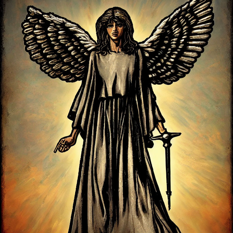 Angel illustration with large wings, robe, sword on golden backdrop