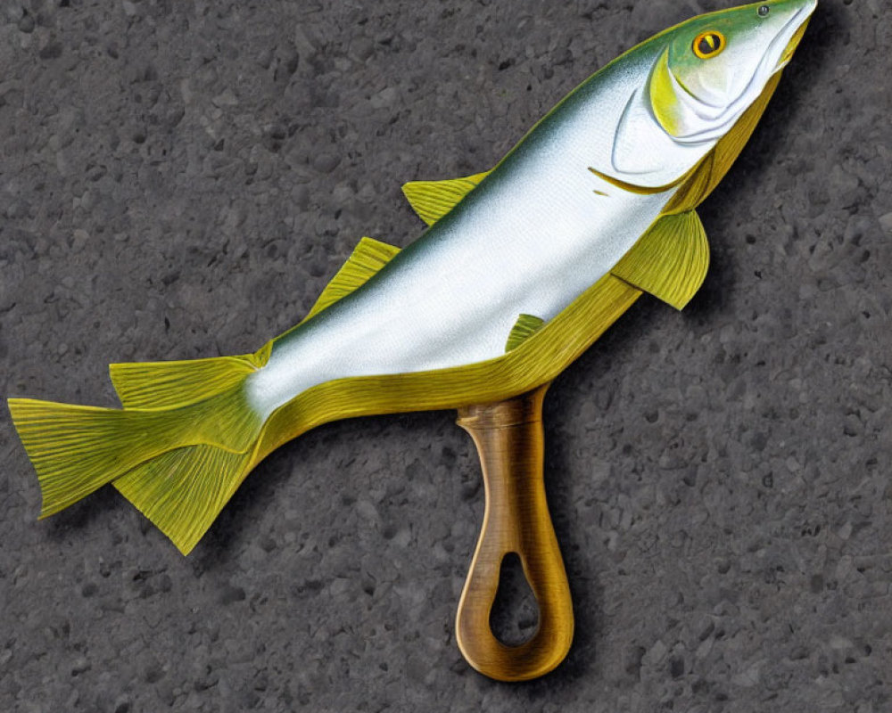 Fish-themed gun illustration with wooden handle and fins as grip