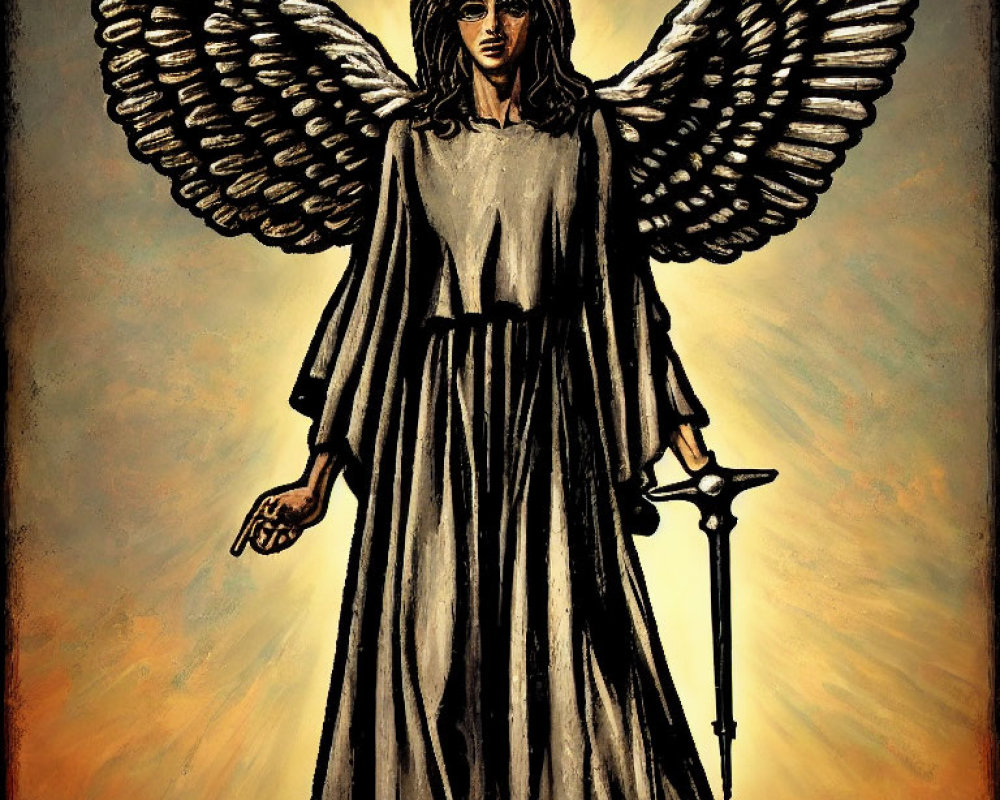 Angel illustration with large wings, robe, sword on golden backdrop