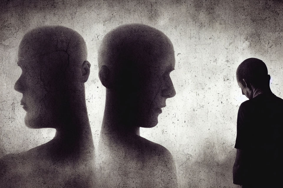 Mannequin heads in profile with person silhouette on grey backdrop