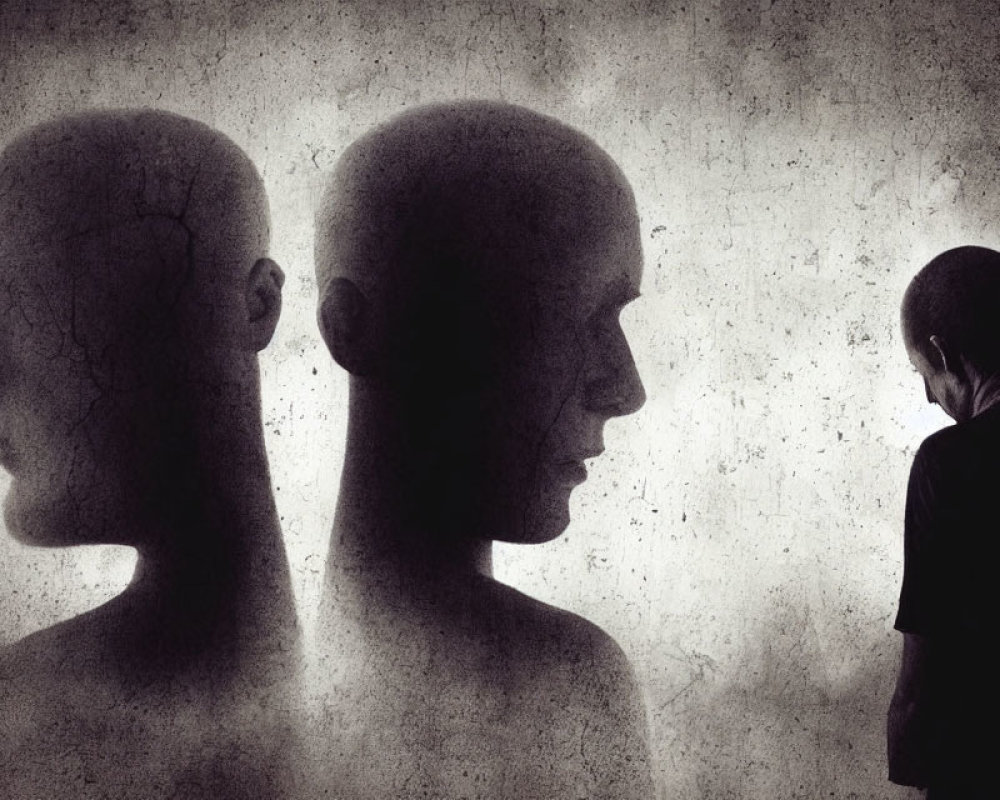 Mannequin heads in profile with person silhouette on grey backdrop