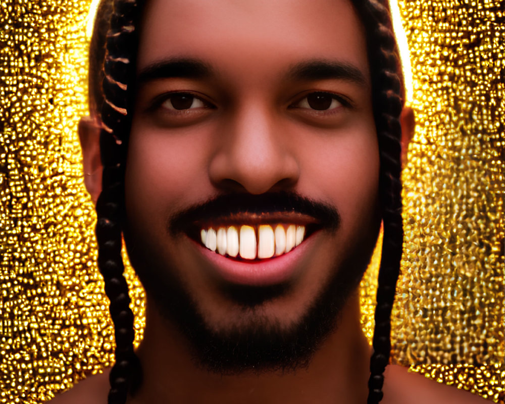 Bearded man with braided hair smiling on golden backdrop