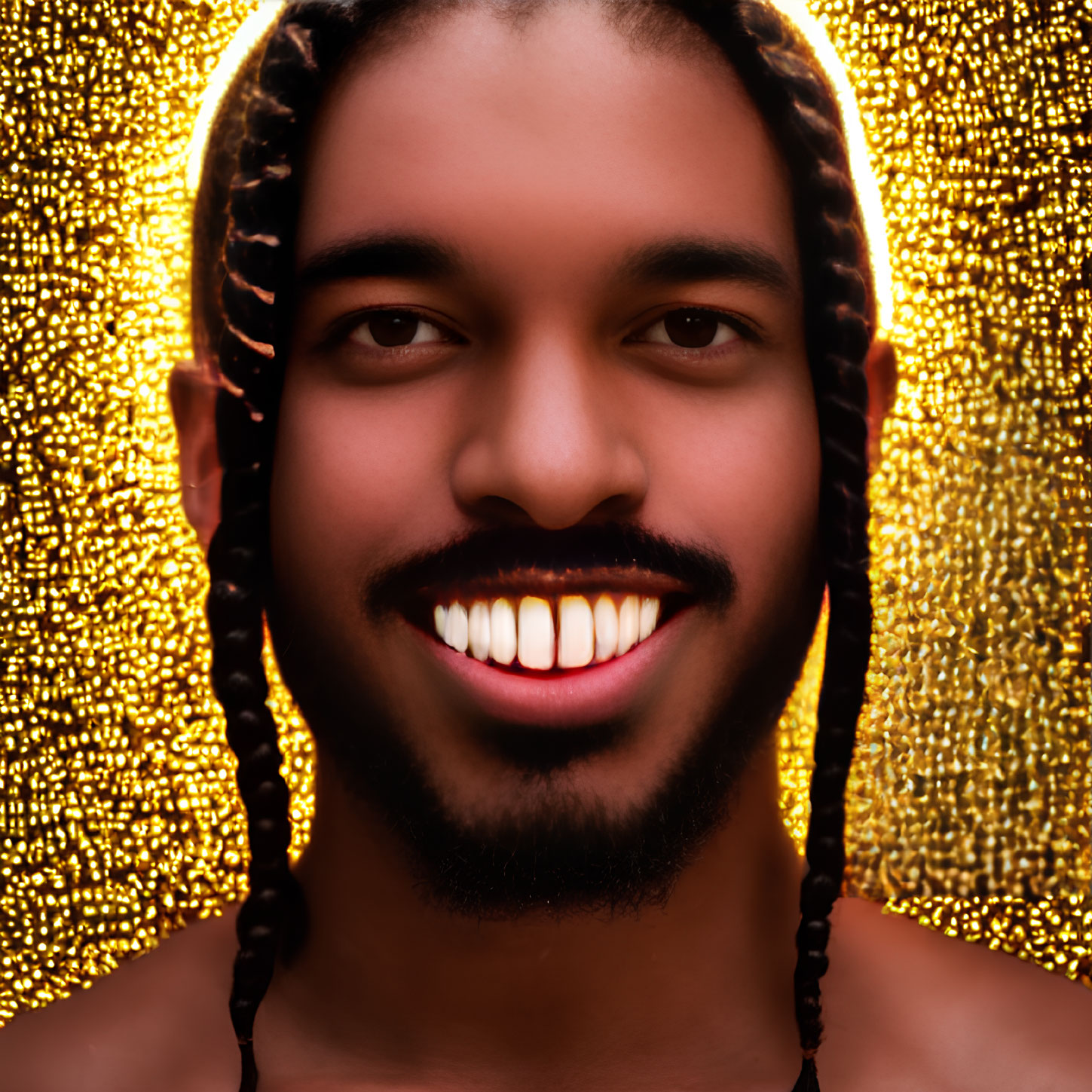 Bearded man with braided hair smiling on golden backdrop