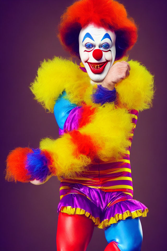 Colorful Clown with Big Red Nose on Purple Background