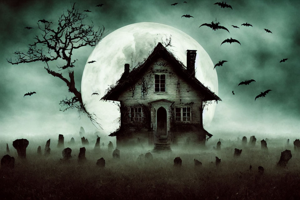 Spooky Halloween scene with haunted house, full moon, tombstones, tree, bats, and mist