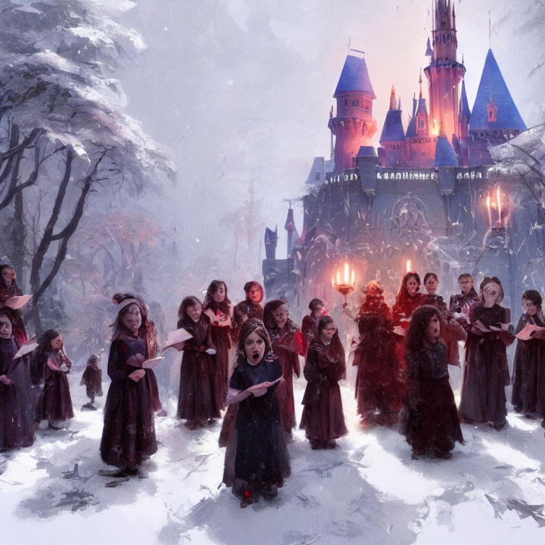 Children in robes practice wand movements in snowy landscape with castle.