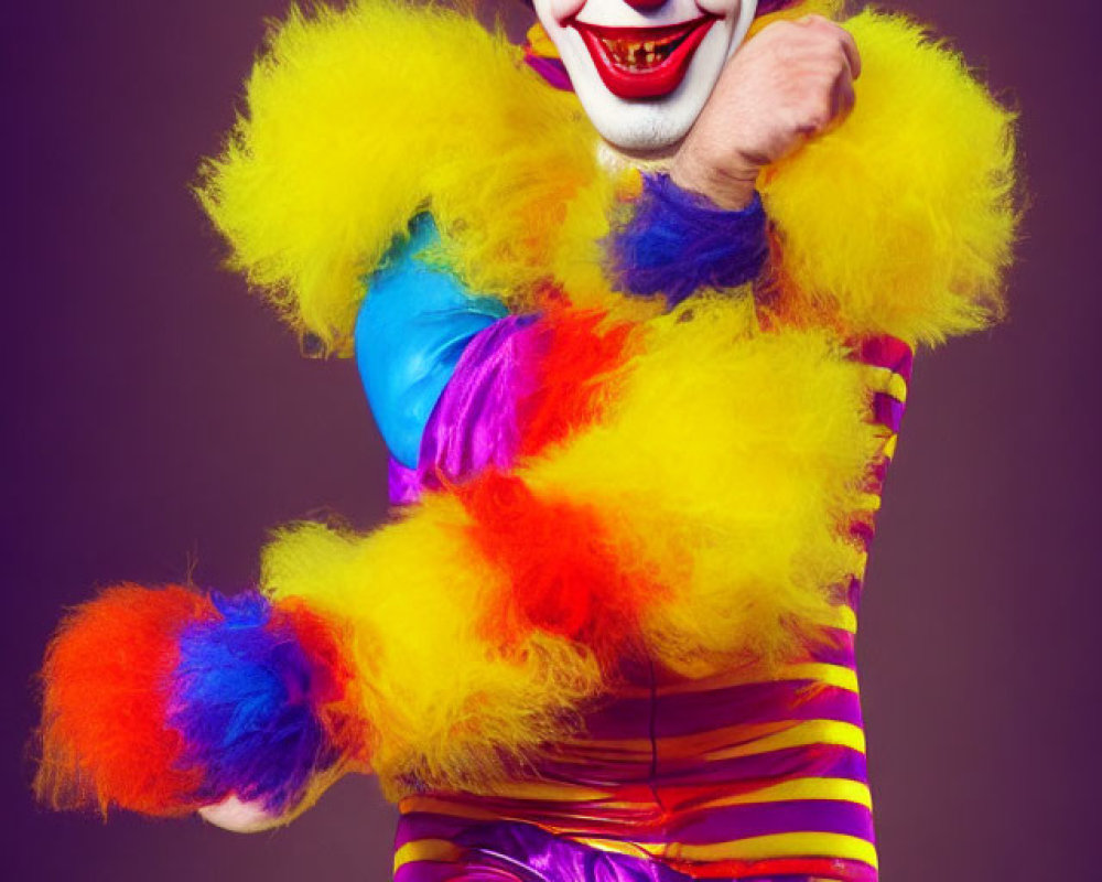 Colorful Clown with Big Red Nose on Purple Background