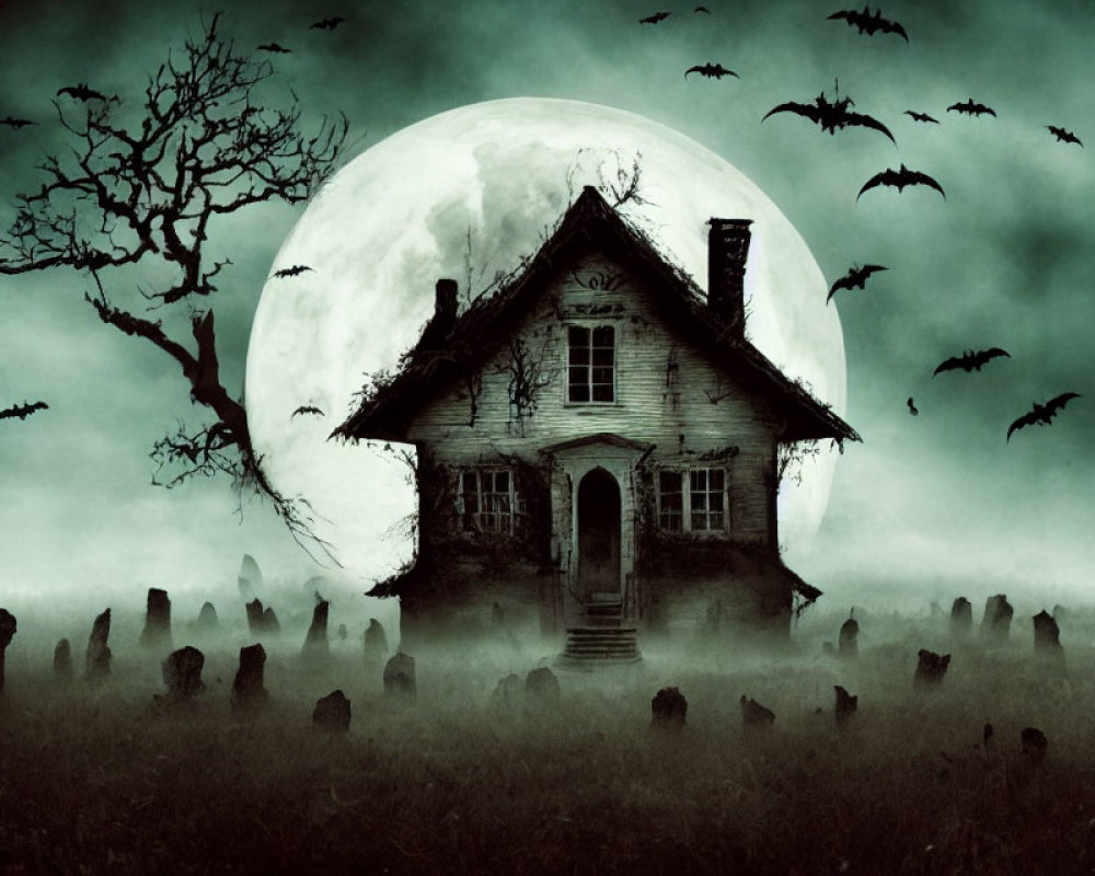 Spooky Halloween scene with haunted house, full moon, tombstones, tree, bats, and mist