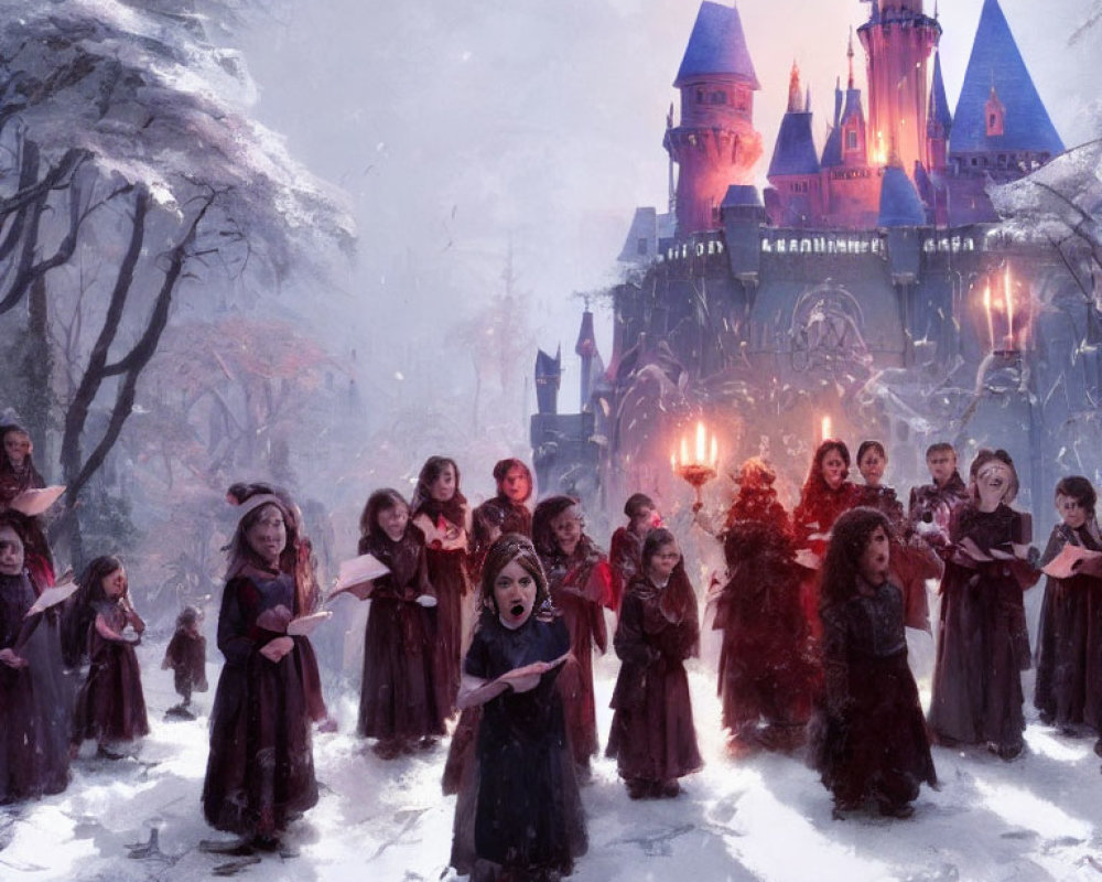 Children in robes practice wand movements in snowy landscape with castle.