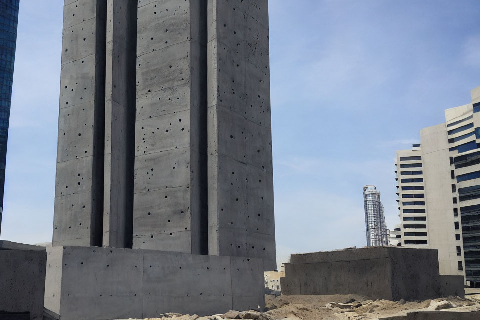 Unfinished concrete pillars at construction site with surrounding buildings under clear sky