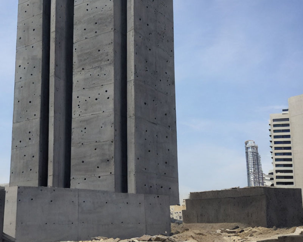 Unfinished concrete pillars at construction site with surrounding buildings under clear sky