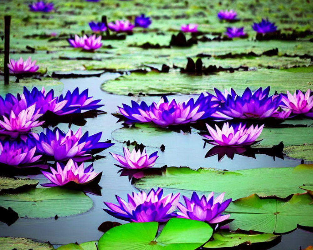 Blooming purple water lilies on green lily pads in tranquil pond