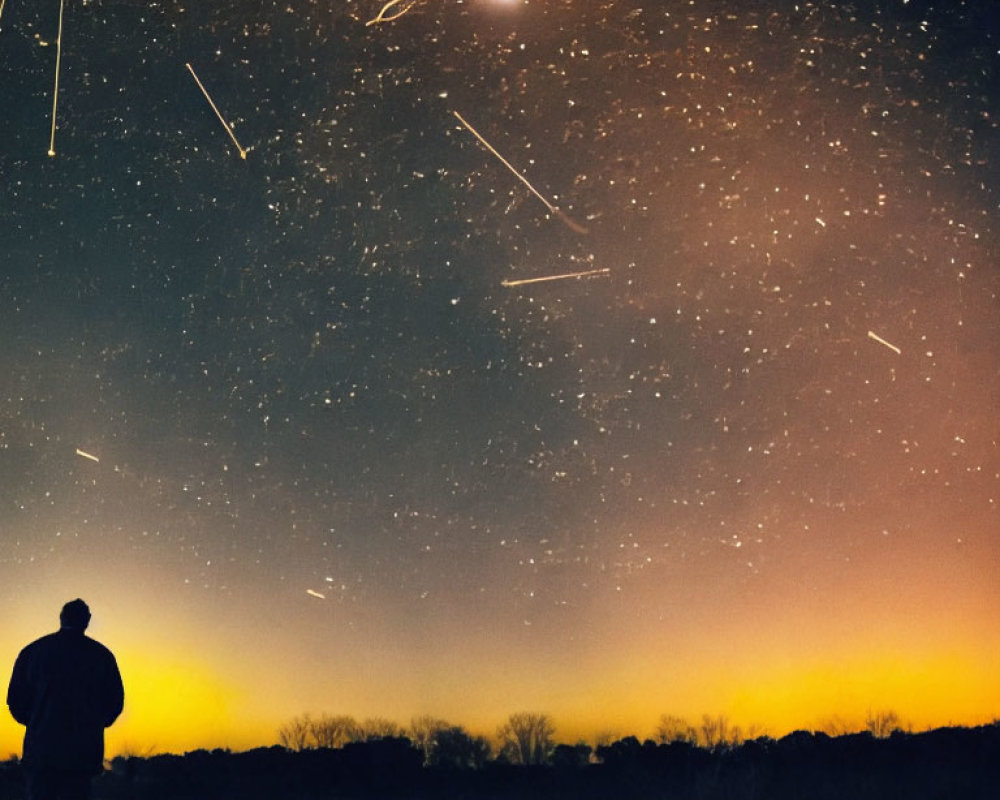 Silhouette of Person Under Starry Night Sky with Meteor Shower