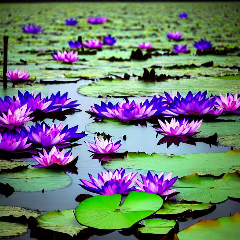 Blooming purple water lilies on green lily pads in tranquil pond