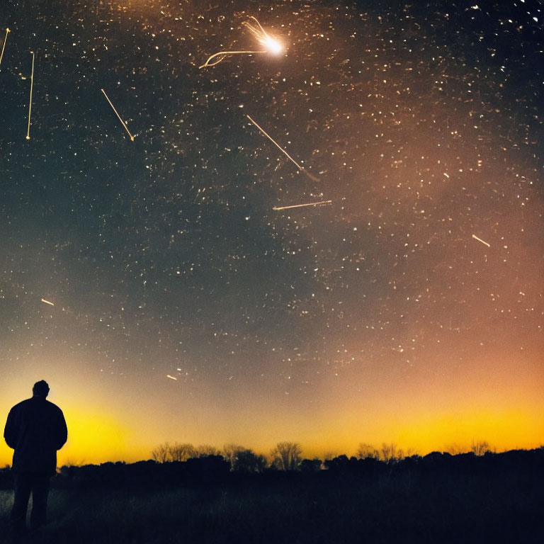 Silhouette of Person Under Starry Night Sky with Meteor Shower