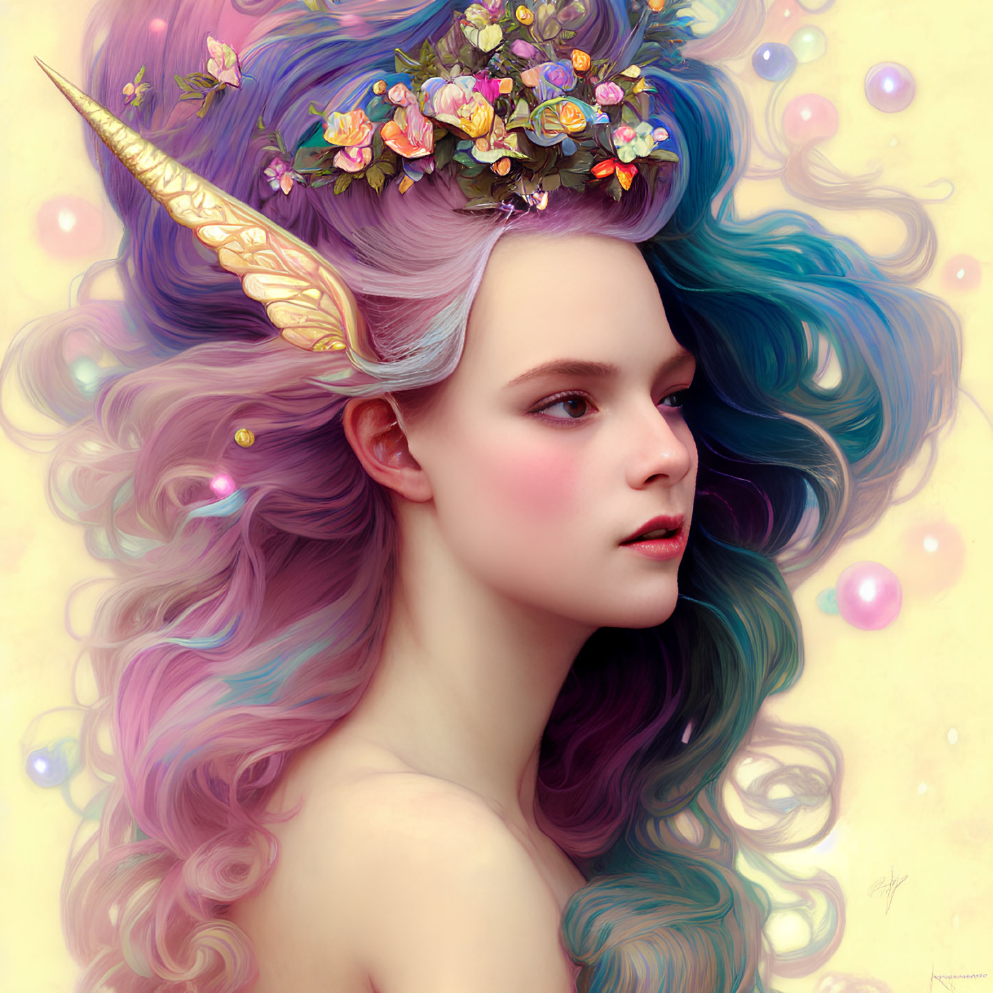 Fantasy illustration of a woman with unicorn features on a soft yellow background