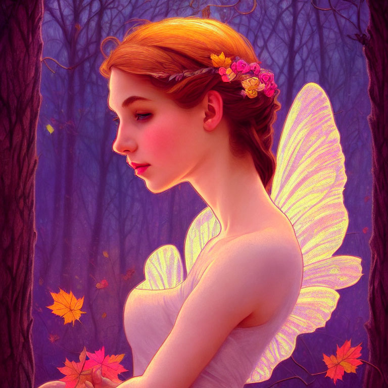 Delicate fairy with pink wings in mystical forest scene