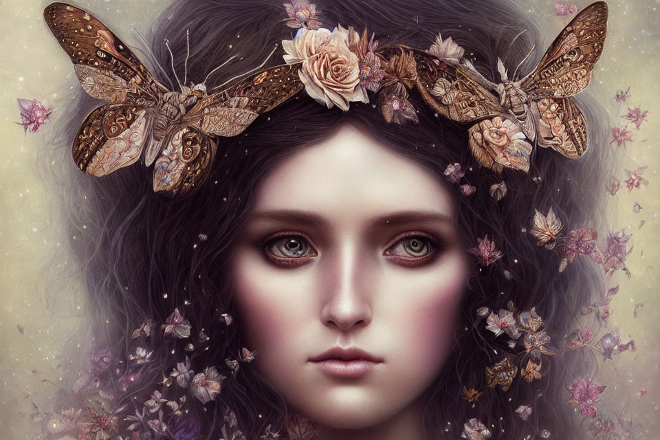 Fantasy portrait of woman with large expressive eyes and floral crown