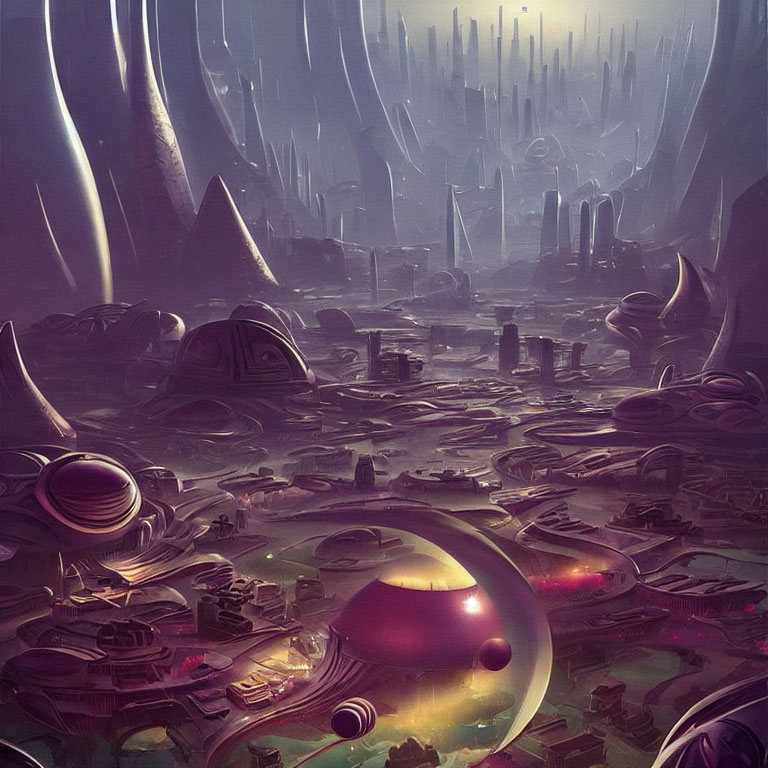 Futuristic city with towering spires and purple-hued atmosphere