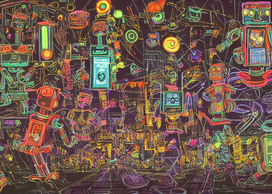 Colorful neon-lit cityscape with whimsical robots and futuristic devices at night