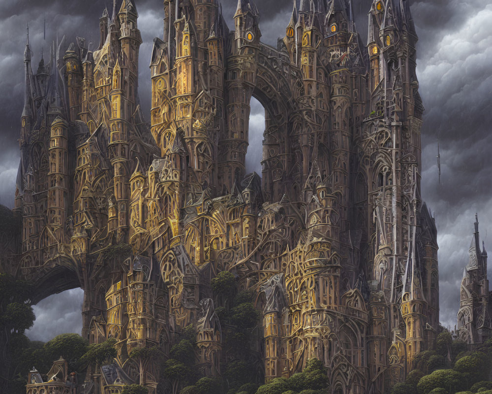 Fantasy cathedral with towering spires in stormy sky