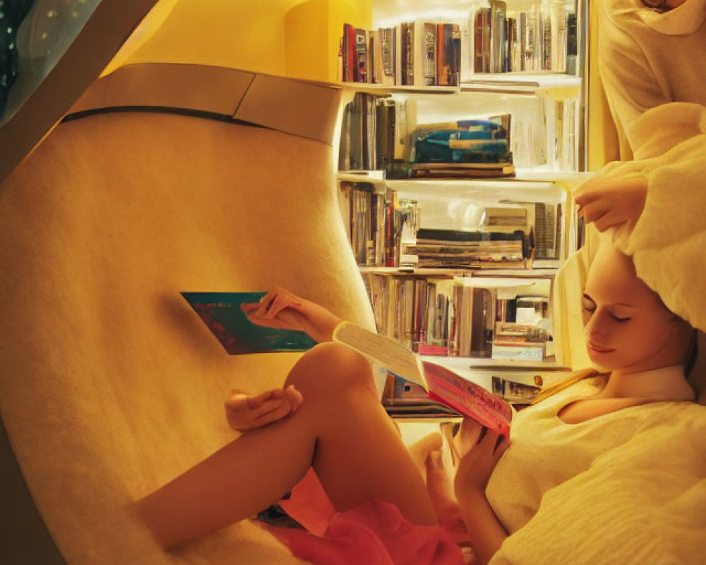 Cozy reading nook with two individuals and shelves of books