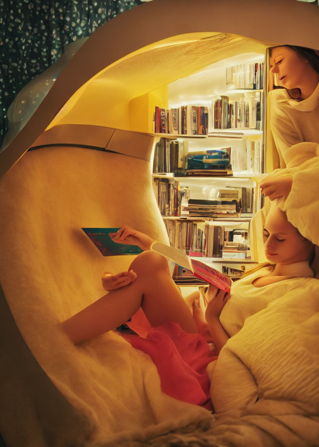 Cozy reading nook with two individuals and shelves of books