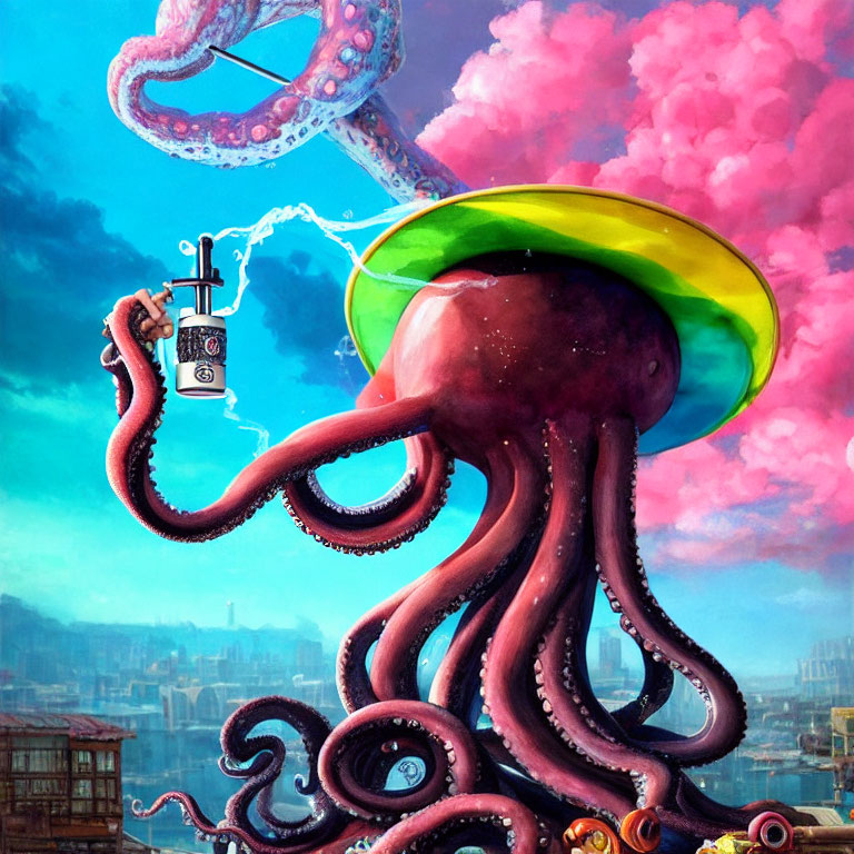 Giant octopus with spray paint can tags pink cloud above futuristic cityscape