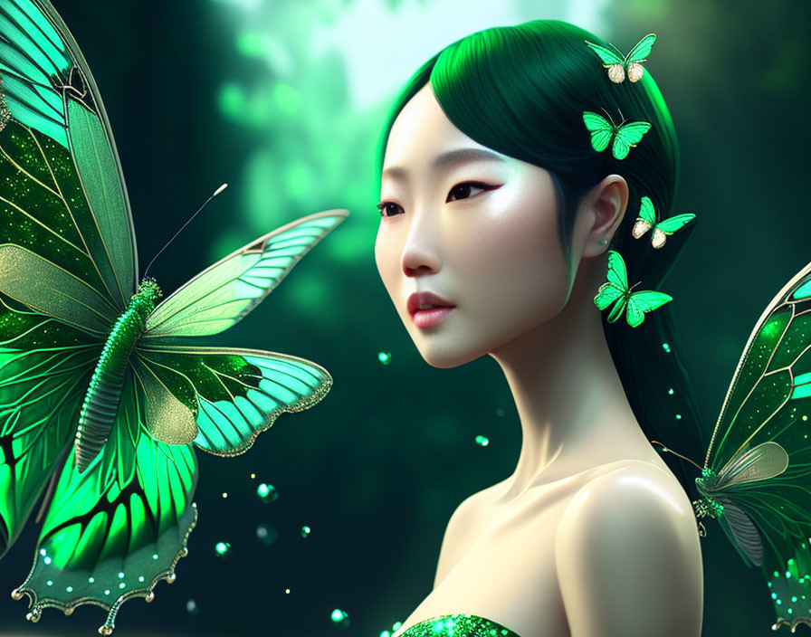 Digital artwork: Woman with green butterflies, magical aura, forest setting