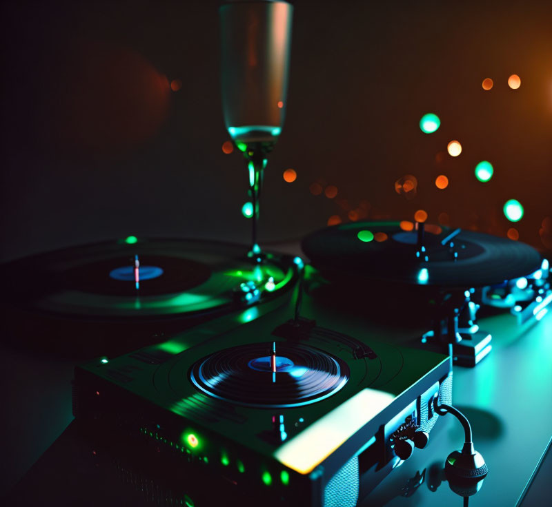 Turntable with Champagne Glass and Colorful Bokeh Lights in Dark Club Ambiance