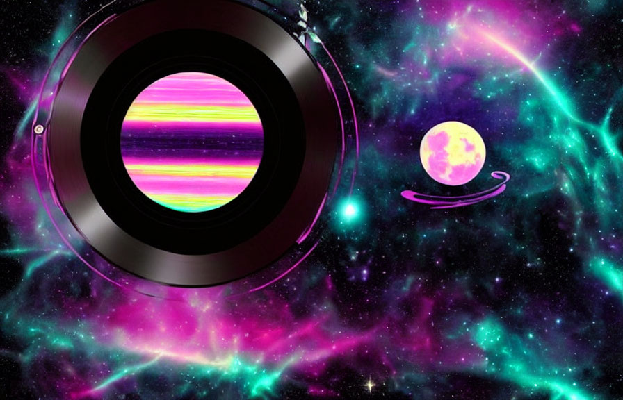 Surreal cosmic scene with vinyl record planet and vibrant nebula