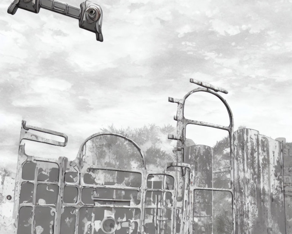 Monochrome illustration of fragmented bus/train door against cloudy sky