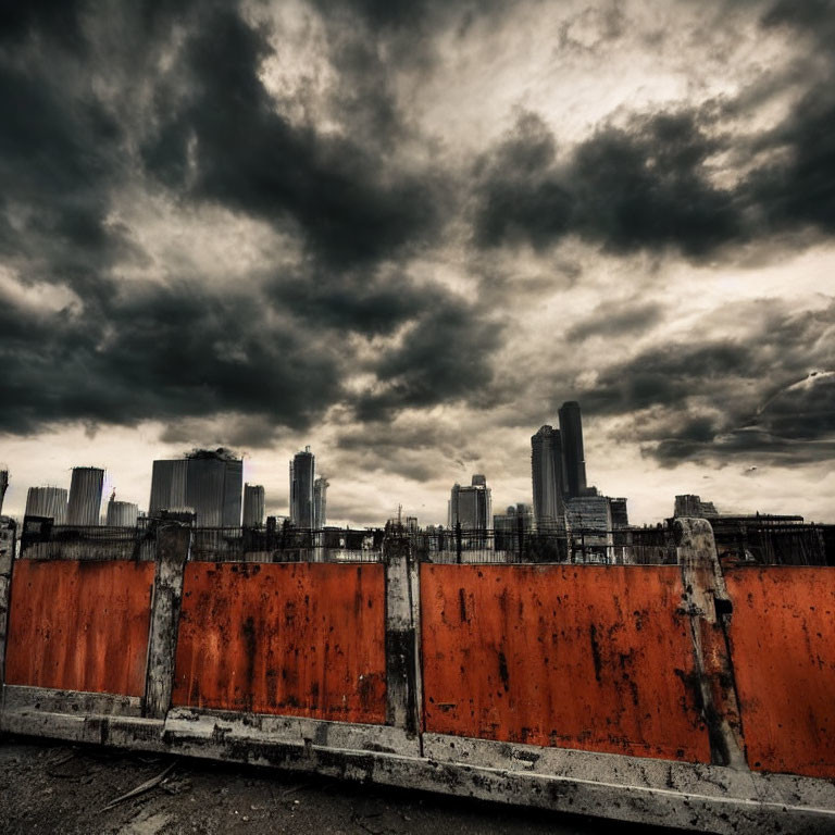 Dark clouds over city skyline and weathered construction panels.