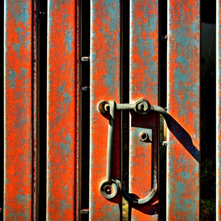 Weathered metal gate with vertical bars and latch, featuring rust and shadows.