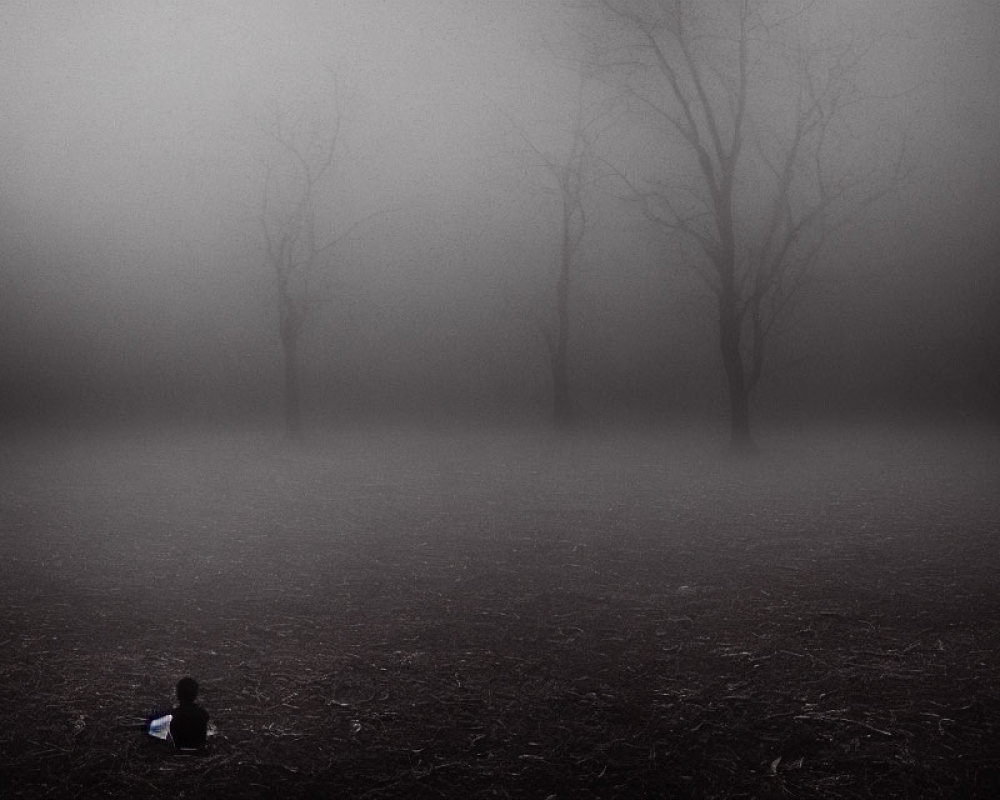 Solitary Figure in Dark, Foggy Landscape with Bare Trees