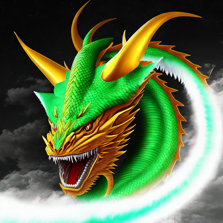 Green and Gold Dragon with Horns and Swirling Aura in Starry Night Sky