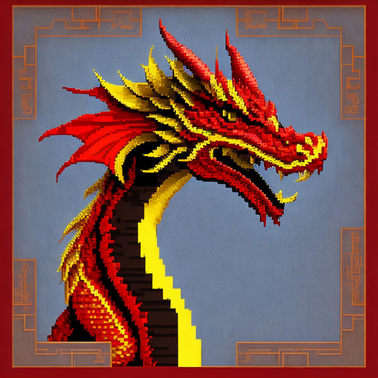 Detailed Pixel Art: Majestic Red & Gold Dragon on Blue Background with Ornate Border