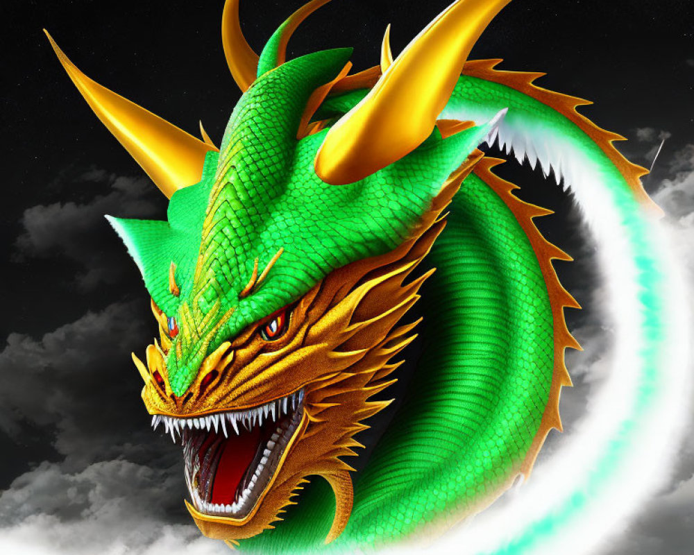 Green and Gold Dragon with Horns and Swirling Aura in Starry Night Sky