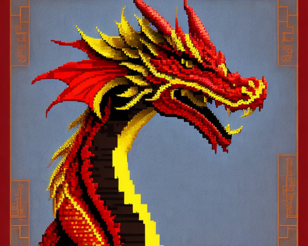 Detailed Pixel Art: Majestic Red & Gold Dragon on Blue Background with Ornate Border