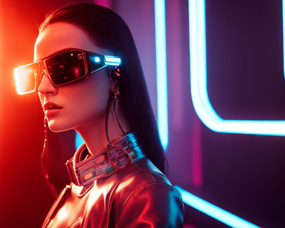 Futuristic woman in neon-lit setting with techy choker